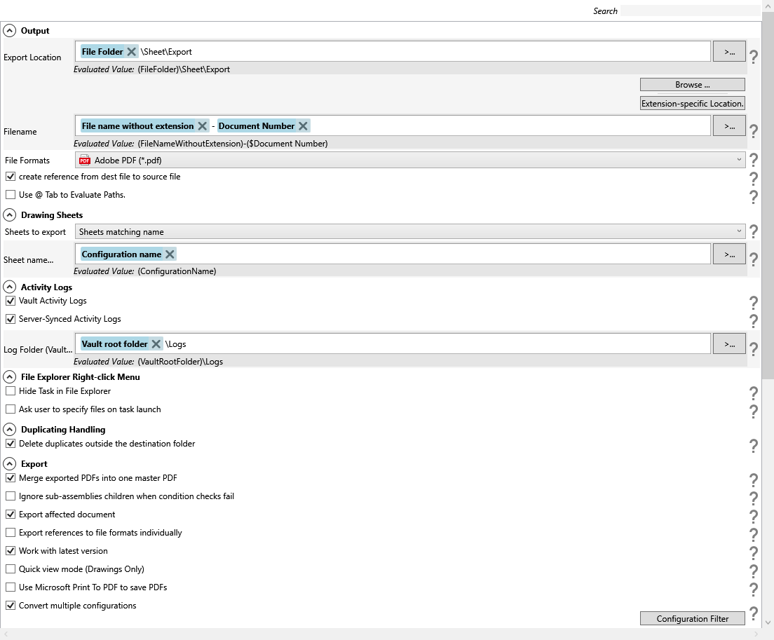 Page de travail des options PDMPublisher