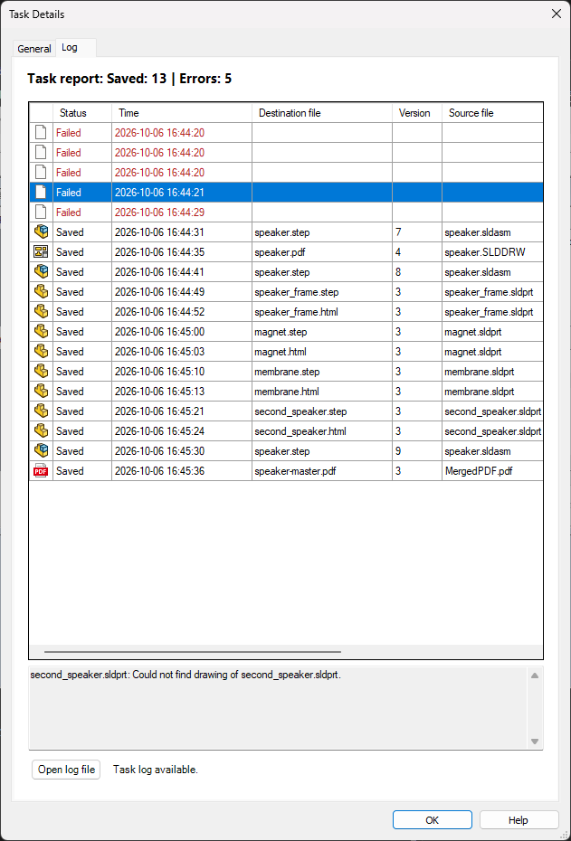 PDMPublisher Task Details Log tab showing saved outputs and errors