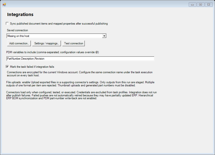 Integrationen-Seite der PDMPublisher PDM-Task