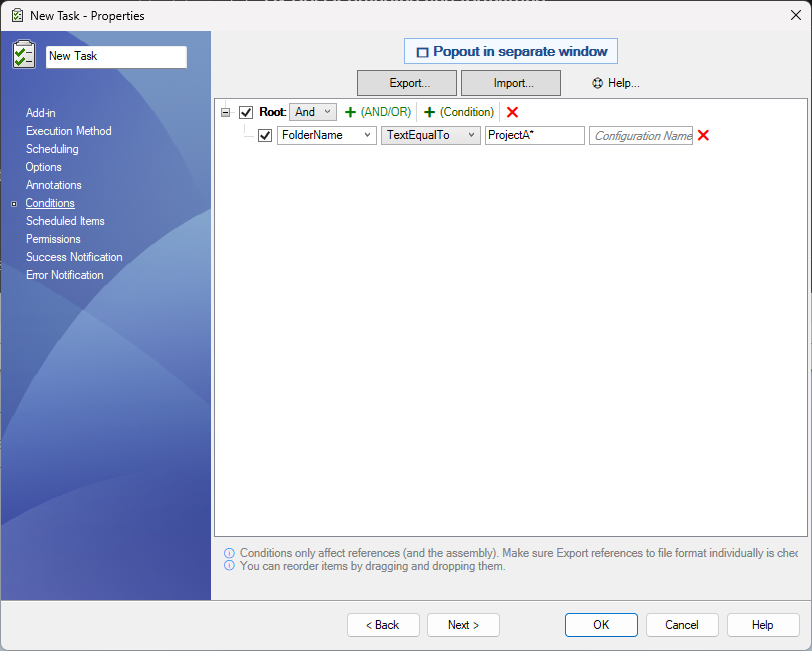 PDMPublisher Conditions setup page