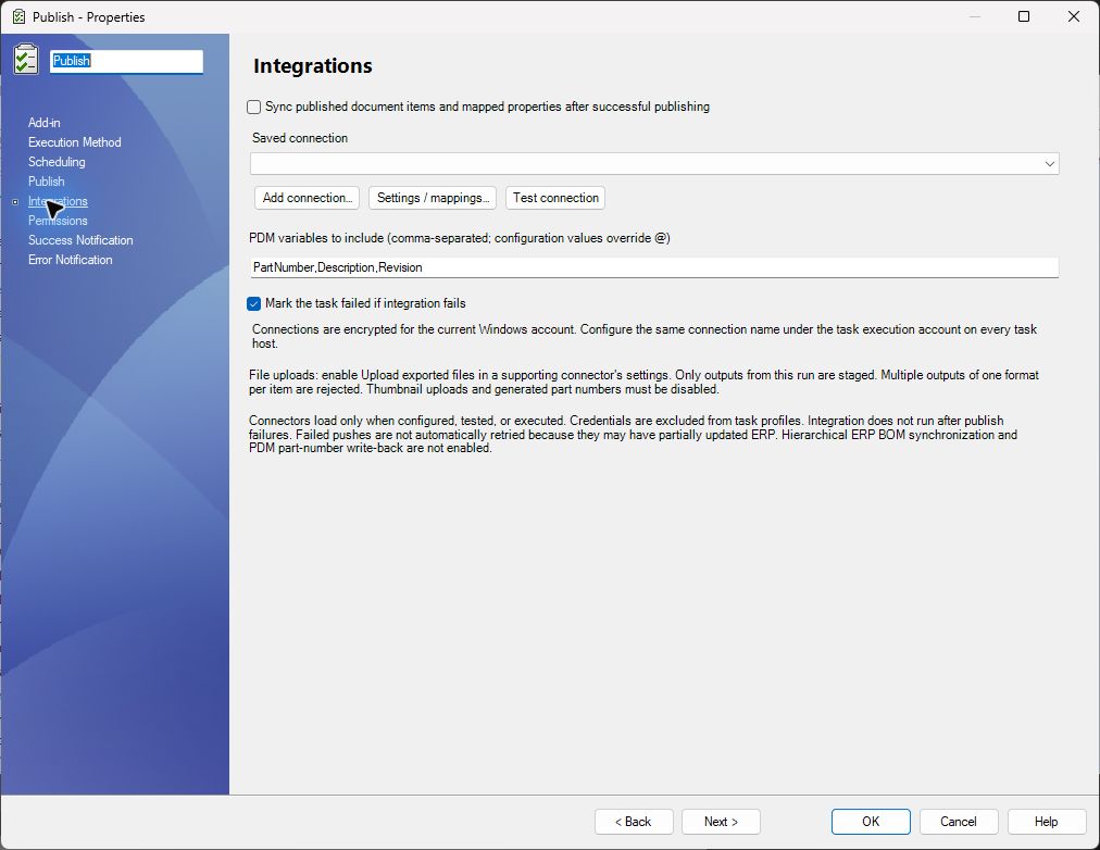 PDMPublisher PDM Task Integrations setup page