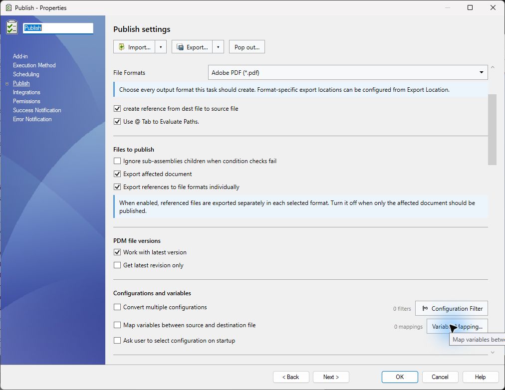 PDMPublisher Publish page showing file and configuration settings