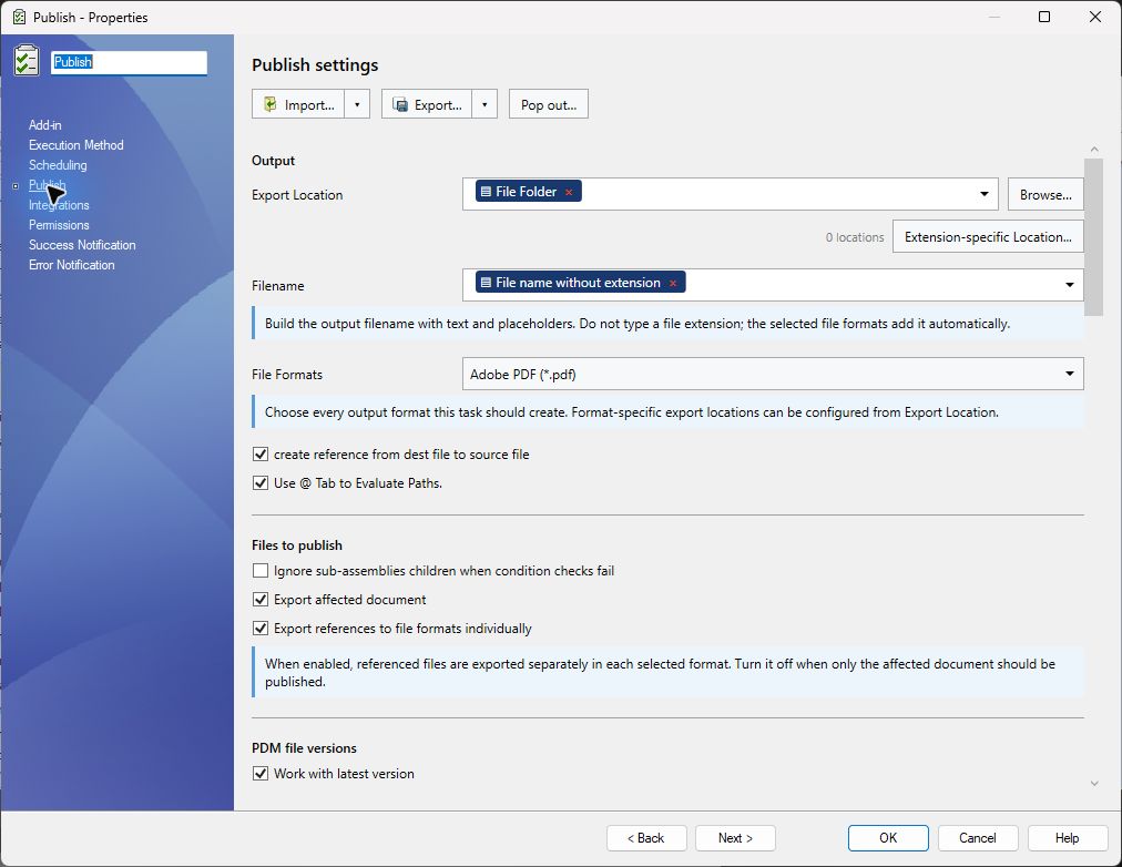 PDMPublisher Publish page showing output settings