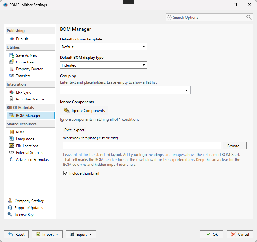 PDMPublisher Settings on the BOM Manager page showing Default column template Default, Default BOM display type Indented, an empty Group by field, the Ignore Components button, an Excel export group with a Workbook template path field, Browse button and Include thumbnail checked