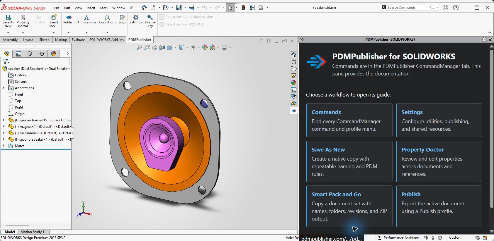 PDMPublisher CommandManager and Help task pane in SOLIDWORKS 2026