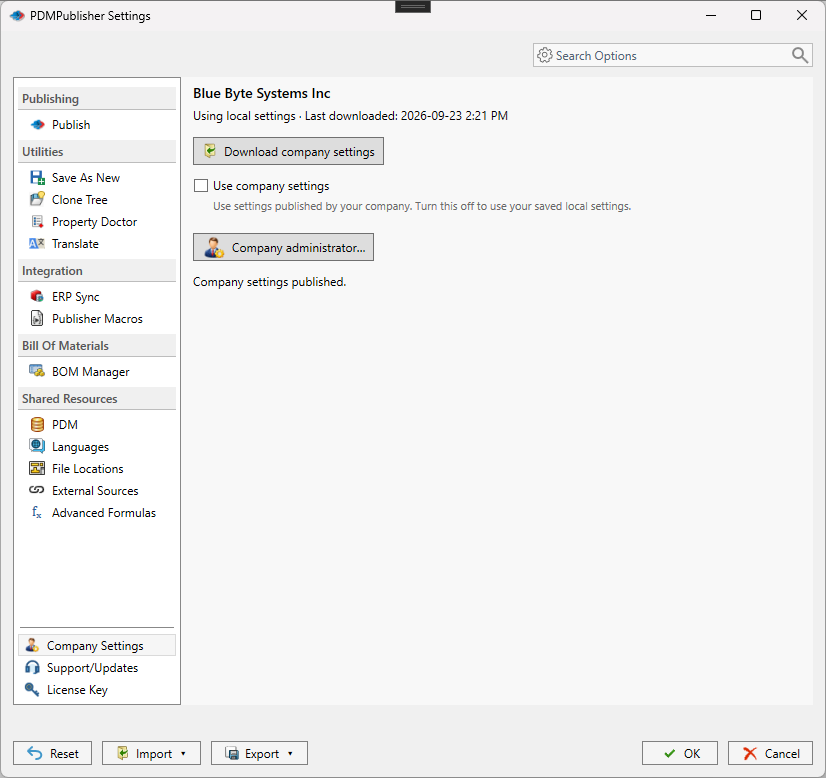 Company Settings page in the PDMPublisher for SOLIDWORKS Settings dialog showing the current local or company status, the Download company settings button, the Use company settings checkbox and the Company administrator unlock control
