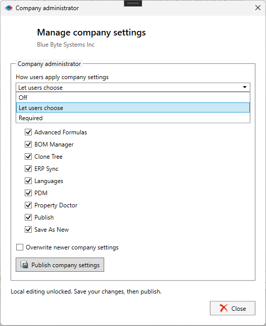 Unlocked Company Settings administrator page showing the Off, Let users choose and Required policy options, the list of setting groups to publish and the Publish company settings button