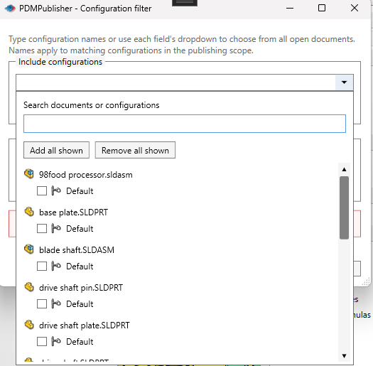 PDMPublisher Configuration Filter dialog with Include Configurations and Exclude Configurations fields and a searchable picker of configurations from open SOLIDWORKS documents