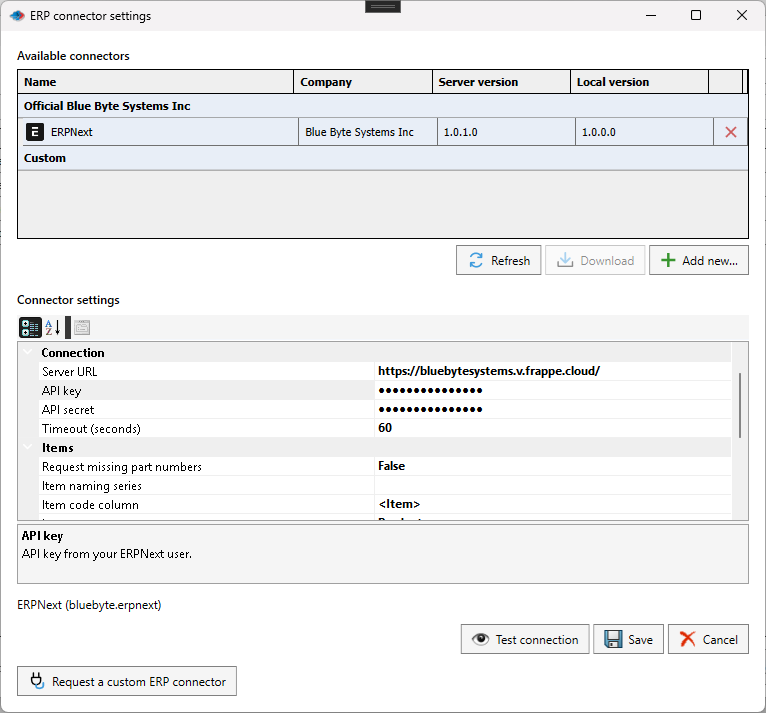 Official ERPNext connector and its settings