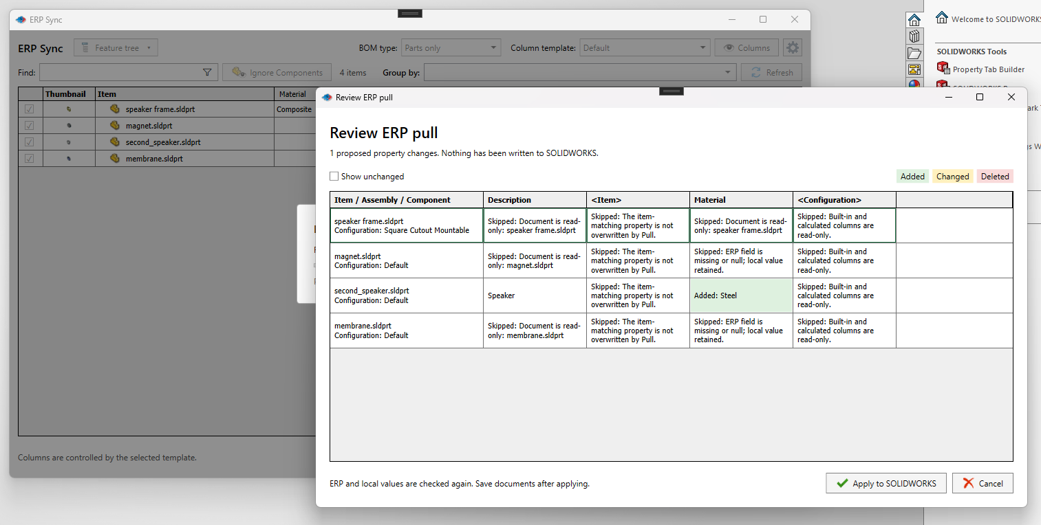 Review ERP pull dialog over the ERP Sync window showing one proposed property change, a Show unchanged checkbox, Added, Changed and Deleted legend, rows for speaker frame, magnet, second_speaker and membrane with skip reasons such as document is read-only and item-matching property is not overwritten, a green Added: Steel cell for Material, and Apply to SOLIDWORKS and Cancel buttons