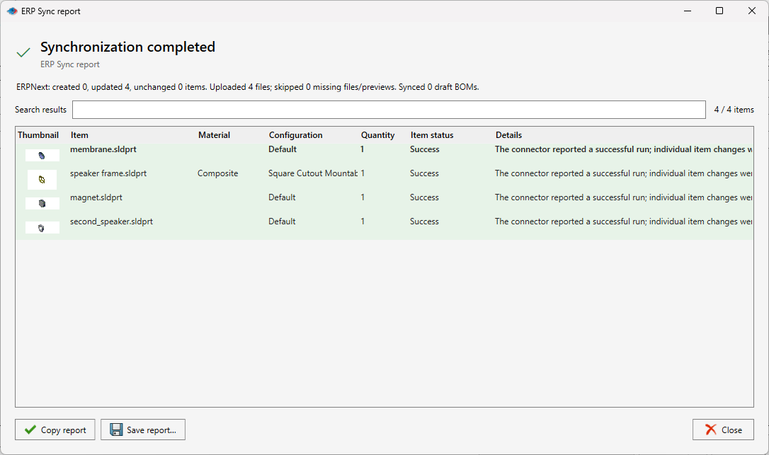 Completed ERPNext synchronization report