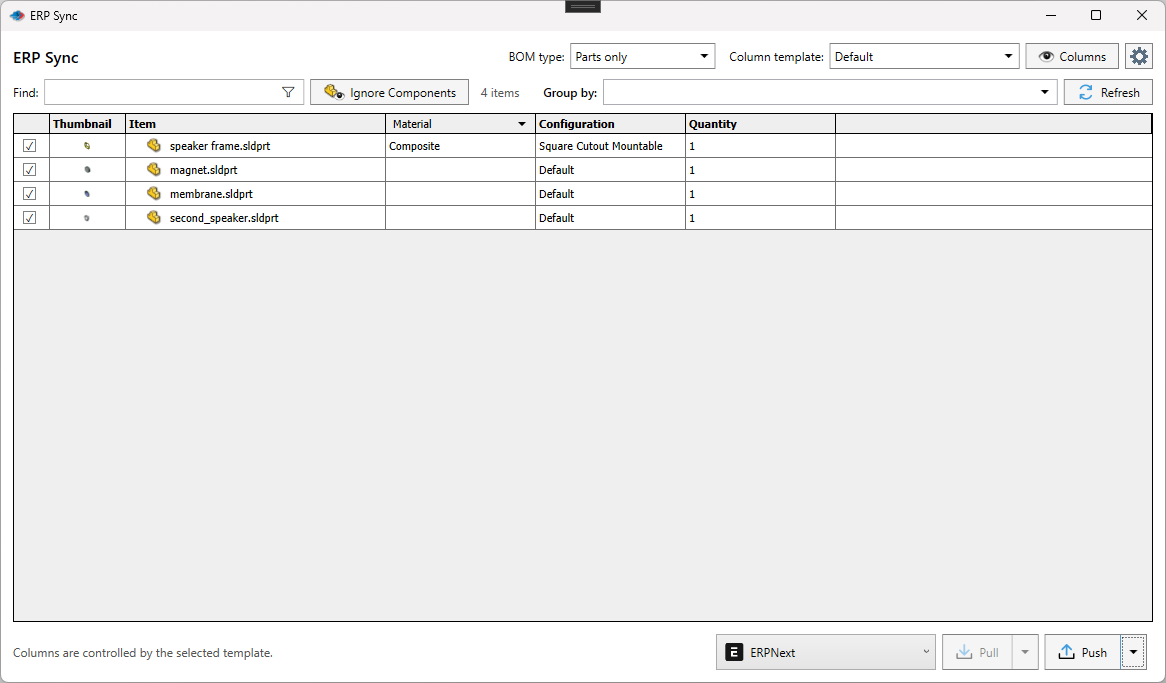 ERP Sync window with BOM type Parts only, Column template Default, four checked part rows for speaker frame, magnet, membrane and second_speaker with Material, Configuration and Quantity columns, the ERPNext connector selected at the bottom, and Pull and Push buttons