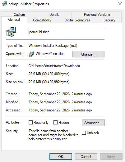 Windows Properties dialog for PDMPublisher.msi with the Unblock checkbox under Security on the General tab