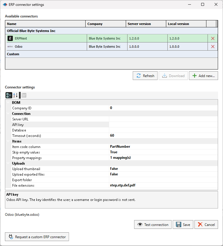 Official Odoo connector and configuration settings