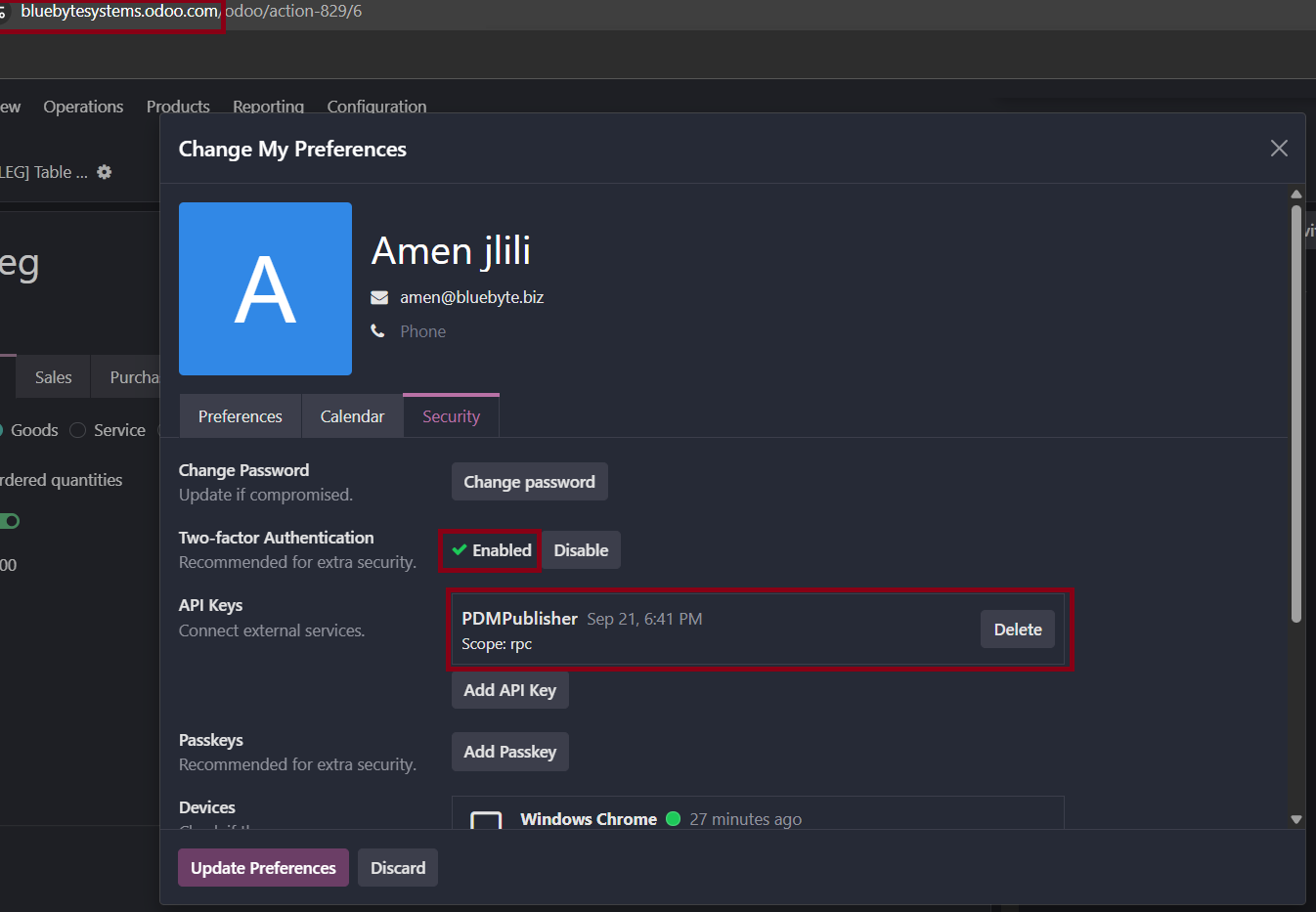 Odoo Security preferences showing the PDMPublisher API key