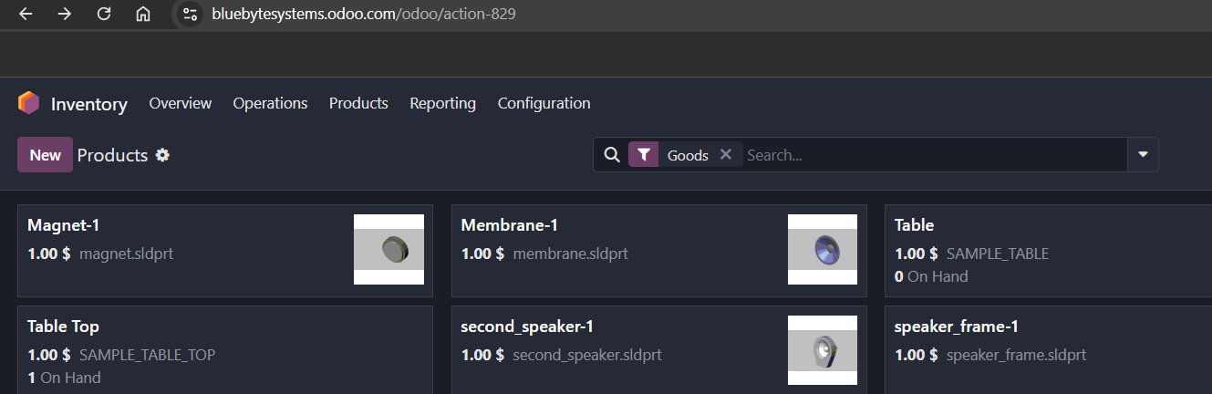 Odoo Inventory product list showing the products created by PDMPublisher ERP Sync after a committed push