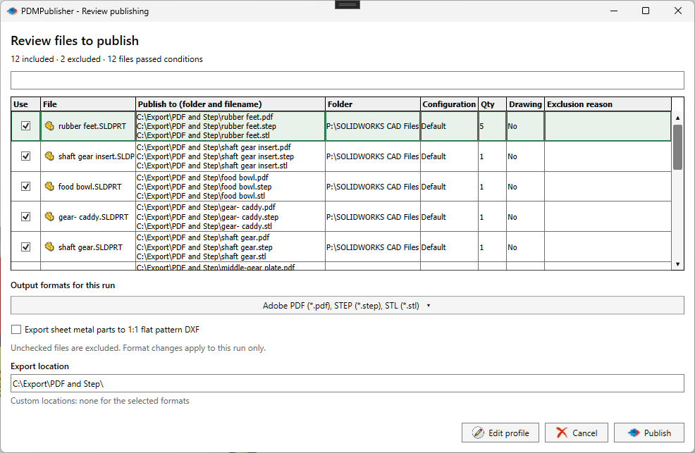PDMPublisher review dialog listing assembly references and their evaluated output paths before the export starts
