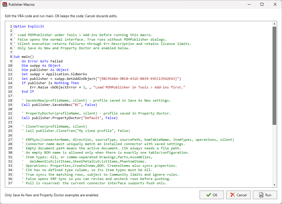 Publisher Macros VBA editor in PDMPublisher for SOLIDWORKS showing a Sub main() example with syntax highlighting, line numbers and the Run, OK and Cancel buttons