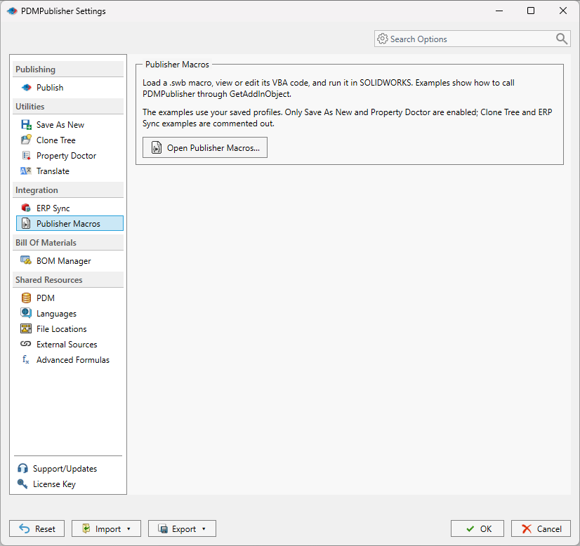 Publisher Macros page in the PDMPublisher for SOLIDWORKS Settings dialog with the button that opens the editable VBA example