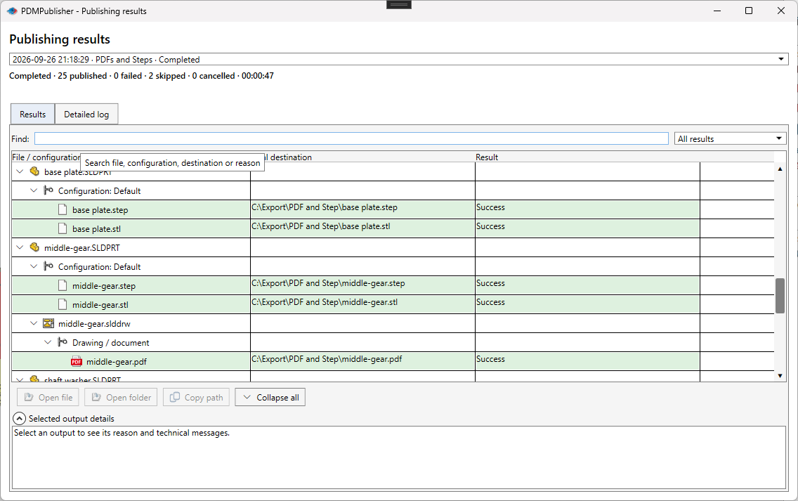 PDMPublisher Publishing results dialog grouping generated output files under each SOLIDWORKS source file and configuration
