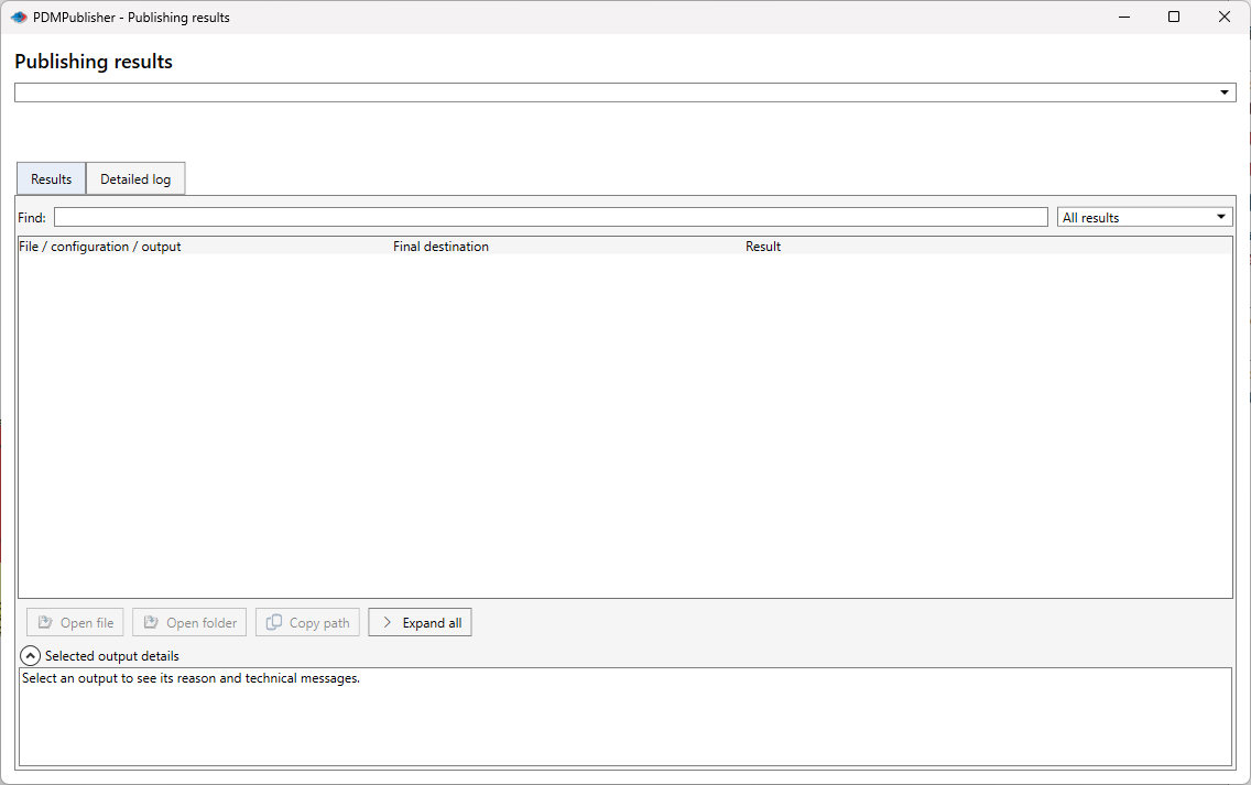 Publishing Results window with Results and Detailed log tabs