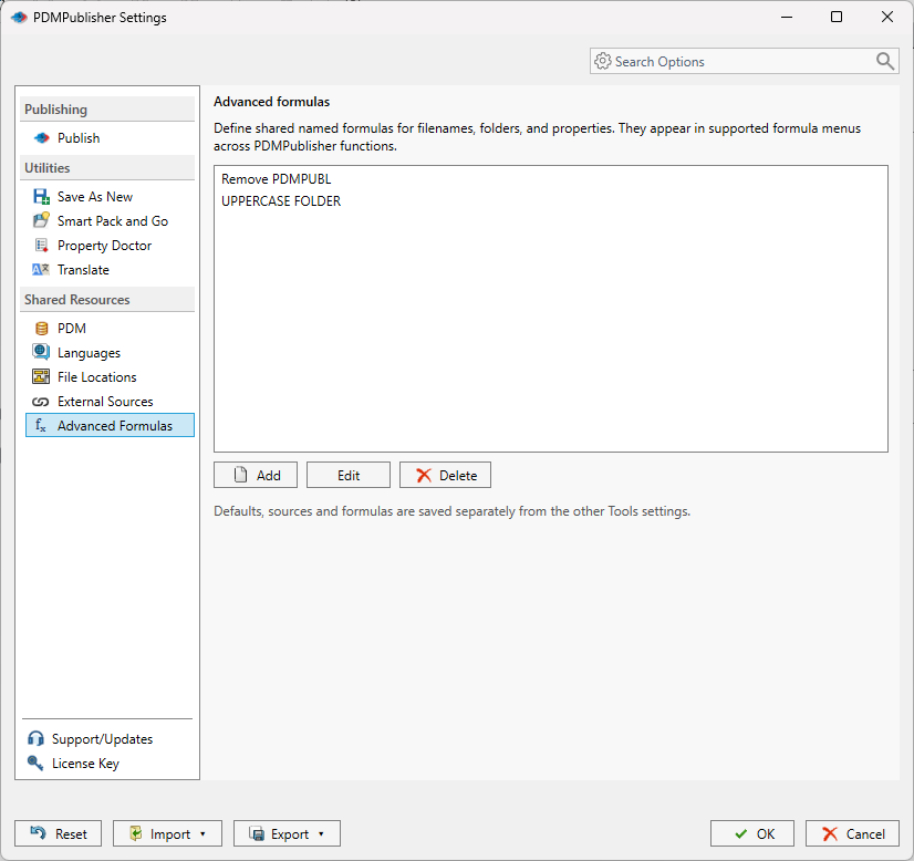 Advanced Formulas page in the PDMPublisher for SOLIDWORKS Settings dialog listing named formulas with the Add, Edit and Delete buttons