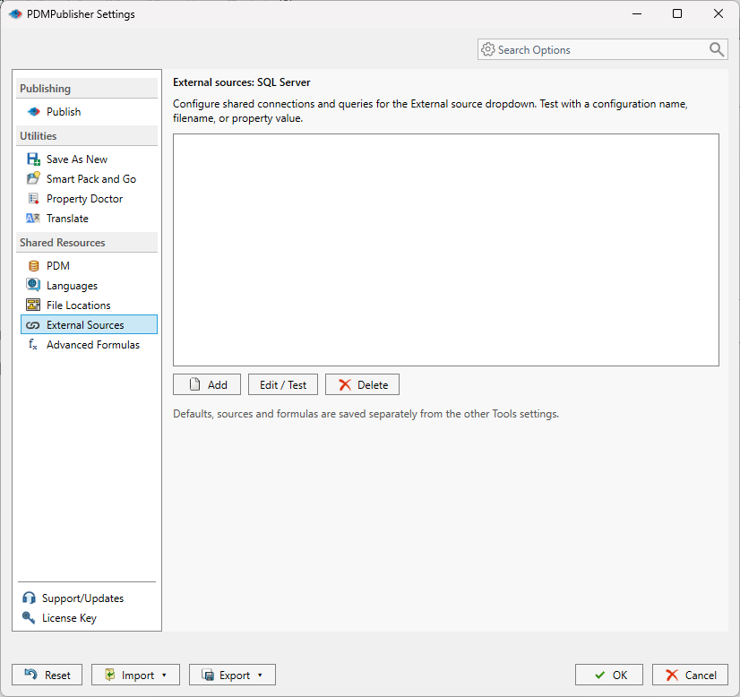 External Sources page in the PDMPublisher for SOLIDWORKS Settings dialog listing saved SQL Server sources with the Add, Edit / Test and Delete buttons