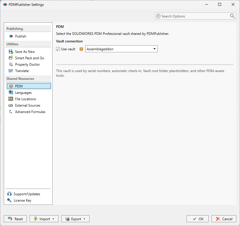 PDM settings page in PDMPublisher for SOLIDWORKS with Use vault enabled and a local vault selected in the vault list