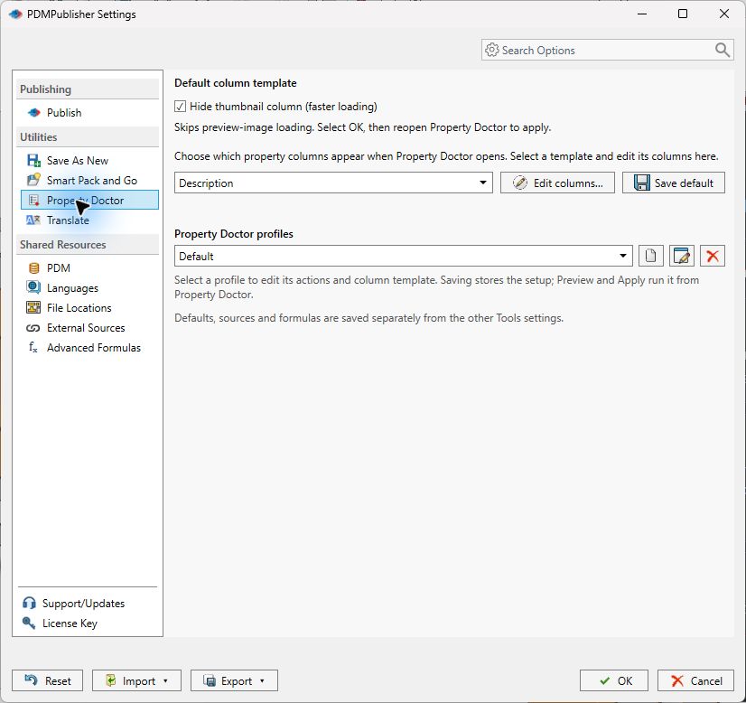 PDMPublisher Settings on the Property Doctor page with Hide thumbnail column checked, the Description column template selected beside Edit columns and Save default buttons, and the Property Doctor profiles selector set to Default