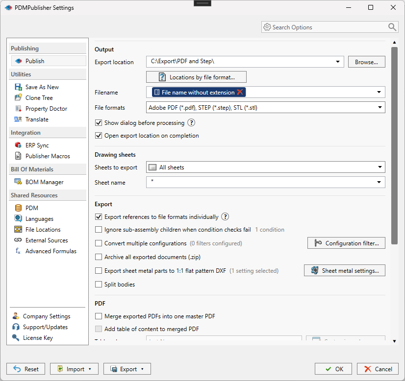 PDMPublisher Publish settings page in SOLIDWORKS showing Export location, Filename pattern, File formats selector and the assembly export option checkboxes