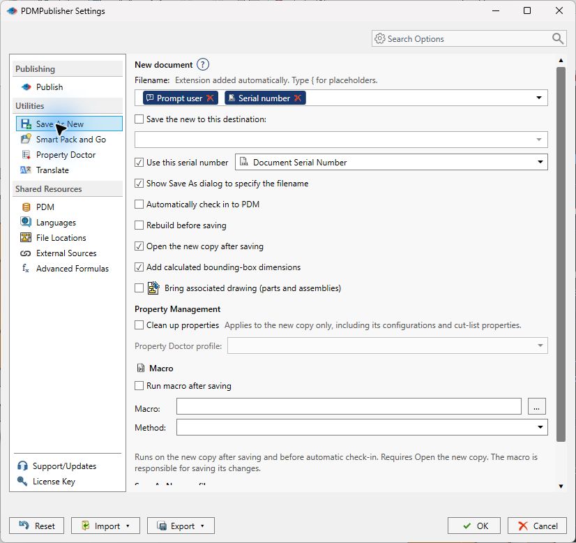Save As New settings page with Prompt user and Serial number tokens in the Filename template, Document Serial Number selected as the serial-number generator, and the Property Management and Macro groups below
