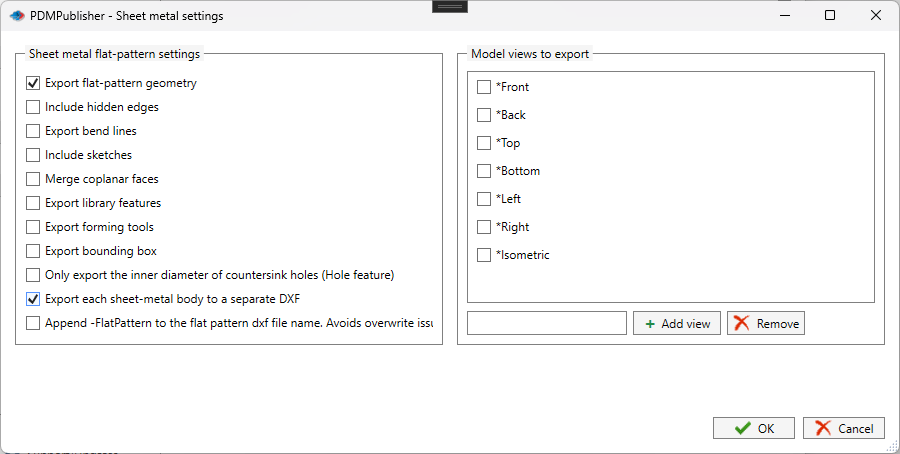 Sheet Metal Flat Pattern Settings dialog in PDMPublisher with geometry, bend line, sketch, forming tool, bounding box, per-body and -FlatPattern suffix options plus model views to export