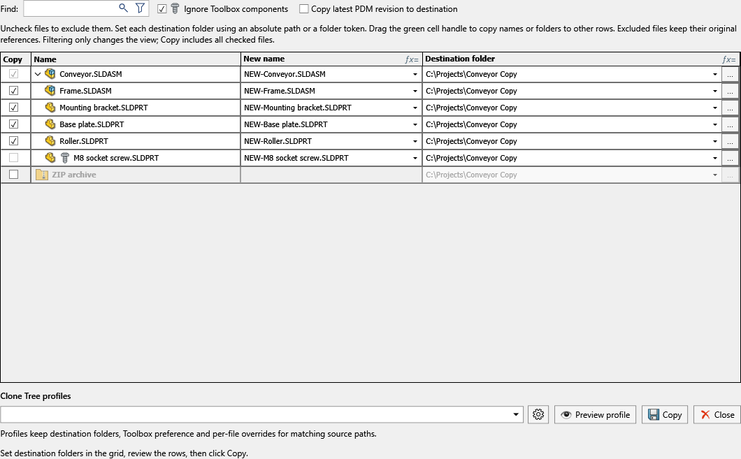 Clone Tree file tree with per-file names and destination folders