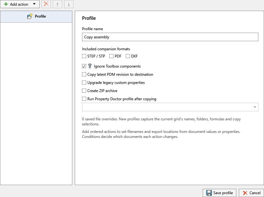 Clone Tree profile editor with Profile name Copy assembly, Included companion formats STEP / STP, PDF and DXF checkboxes, Ignore Toolbox components checked, Copy latest PDM revision to destination, Create ZIP archive and Run Property Doctor profile after copying options, and an Add action button for ordered rules