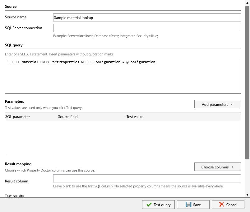 External SQL Server source editor