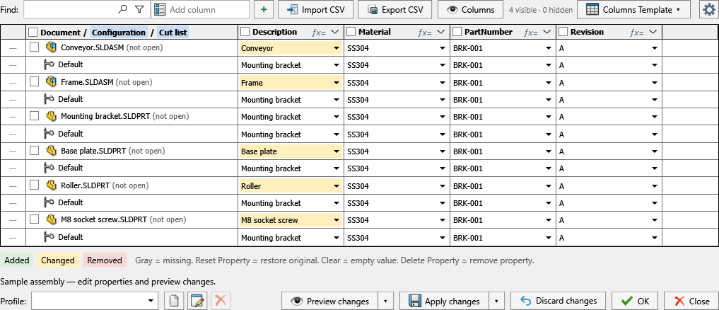 Property Doctor showing document properties across an assembly and its references