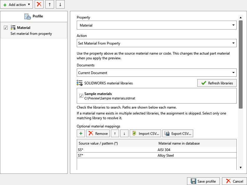 Property Doctor profile editor showing a Material action with Set Material From Property, Documents set to Current Document, the Sample materials .sldmat library checked, and optional material mappings SS* to AISI 304 and ST* to Alloy Steel