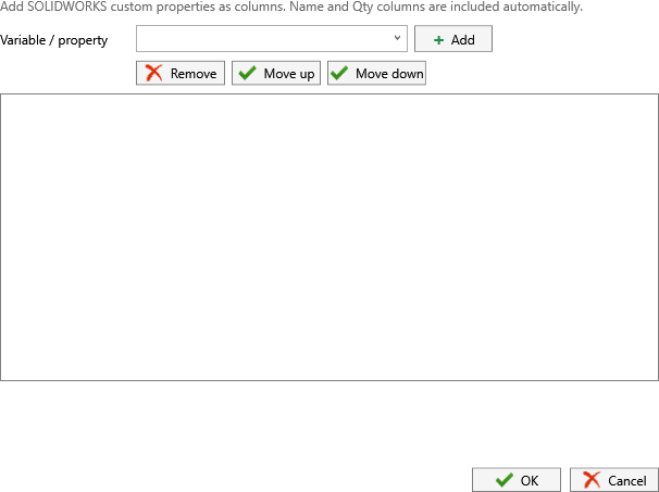 Customize table columns dialog