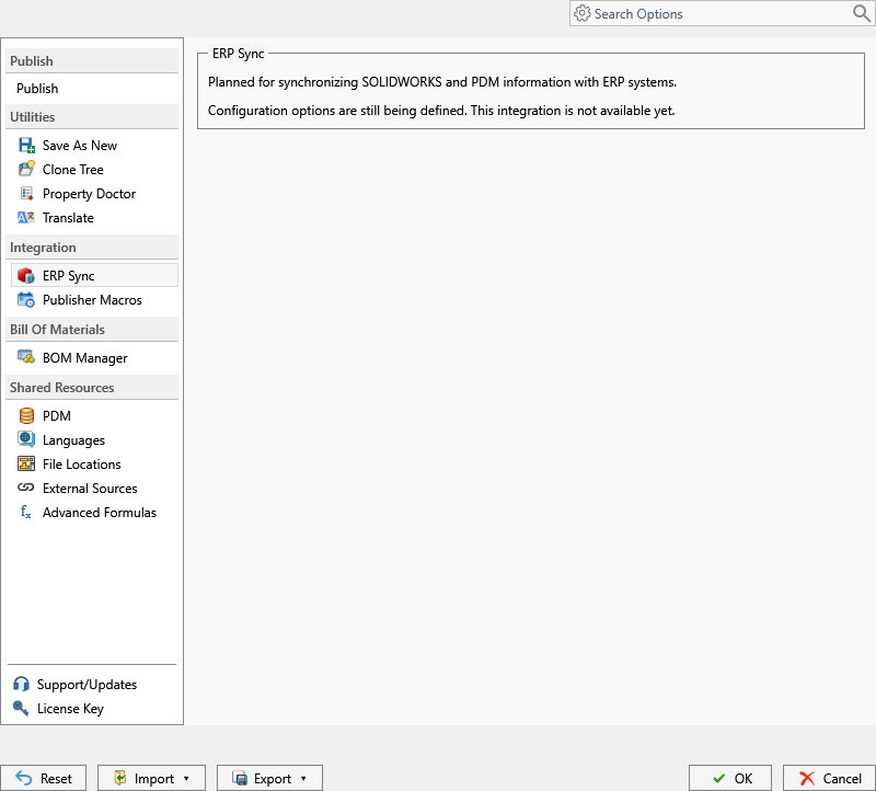 ERP Sync page in PDMPublisher for SOLIDWORKS settings