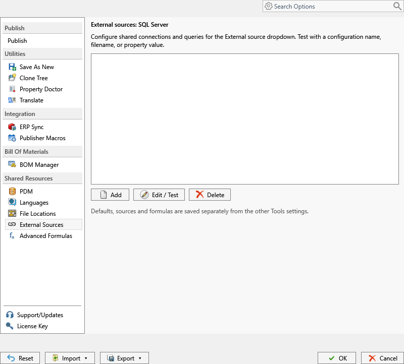 External SQL Server source settings