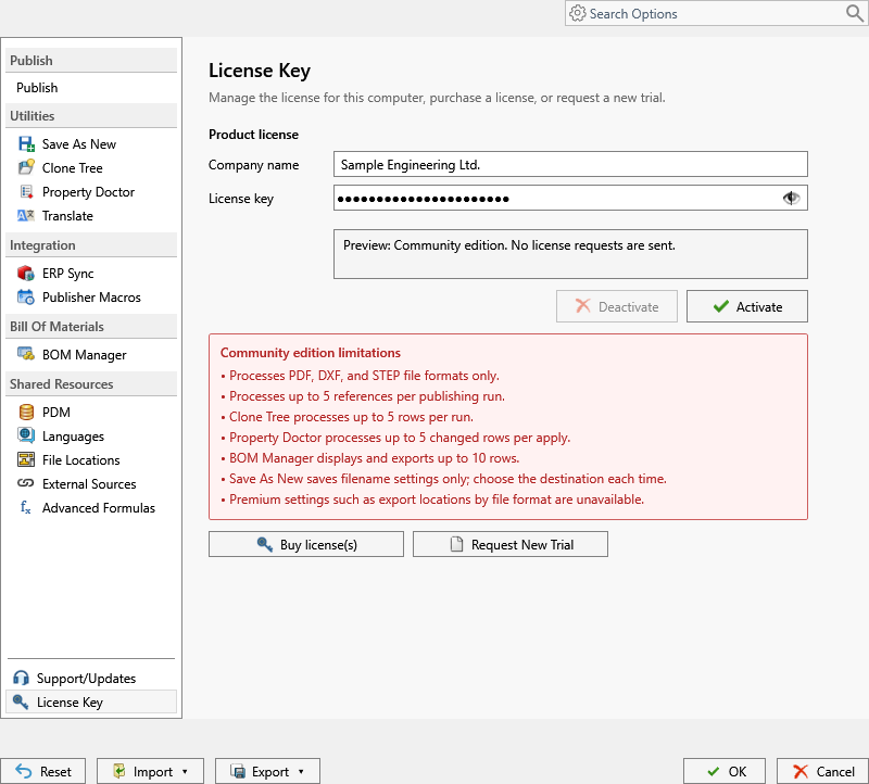 PDMPublisher para a página chave da licença SOLIDWORKS