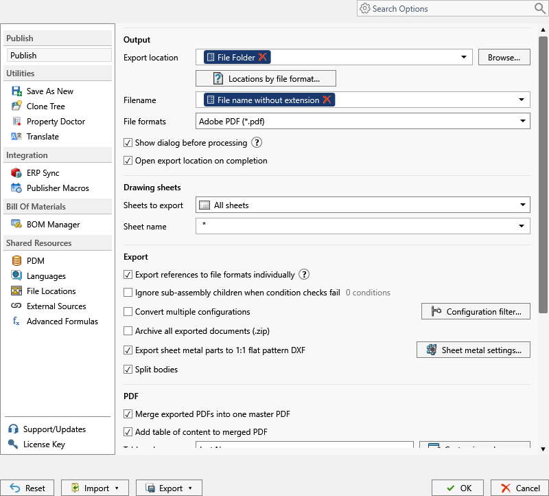 Split Bodies Einstellung in PDMPublisher für SOLIDWORKS