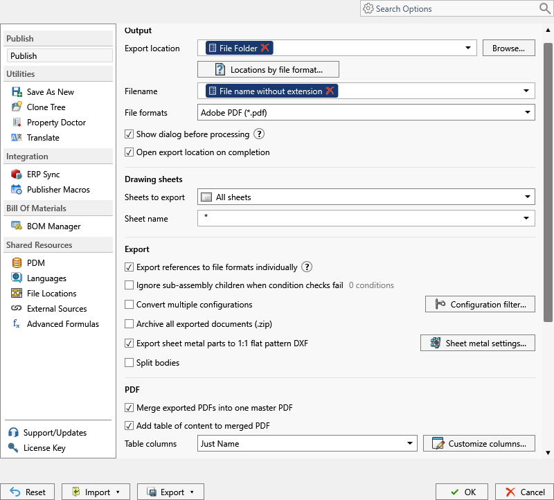 File Formats dropdown in PDMPublisher for SOLIDWORKS