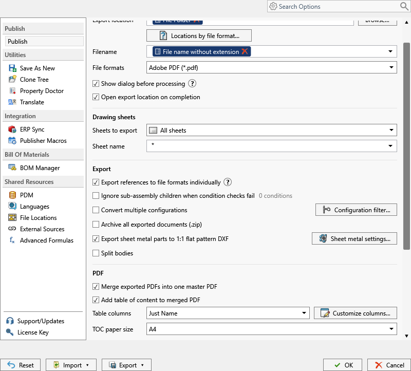 Sheets to export Dropdownliste in PDMPublisher for SOLIDWORKS