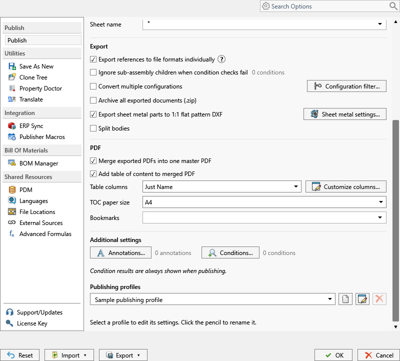 Pesquisarable PDMPublisher for SOLIDWORKS Settings dialog
