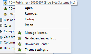 Comando de configuração do tema no menu adicional PDMPublisher