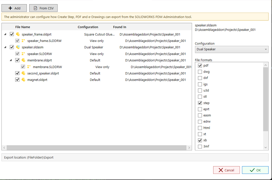 PDMPublisher task launch file selection dialog