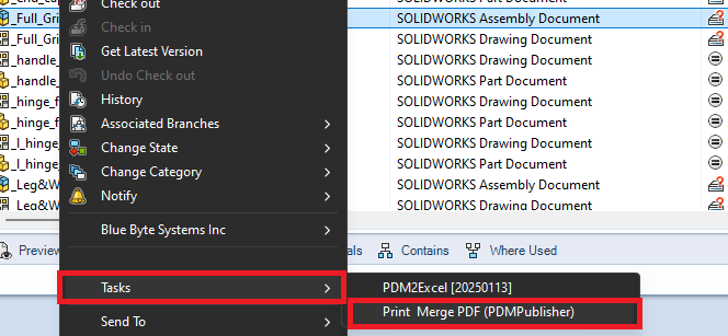 PDMPublisher task in the File Explorer right-click menu
