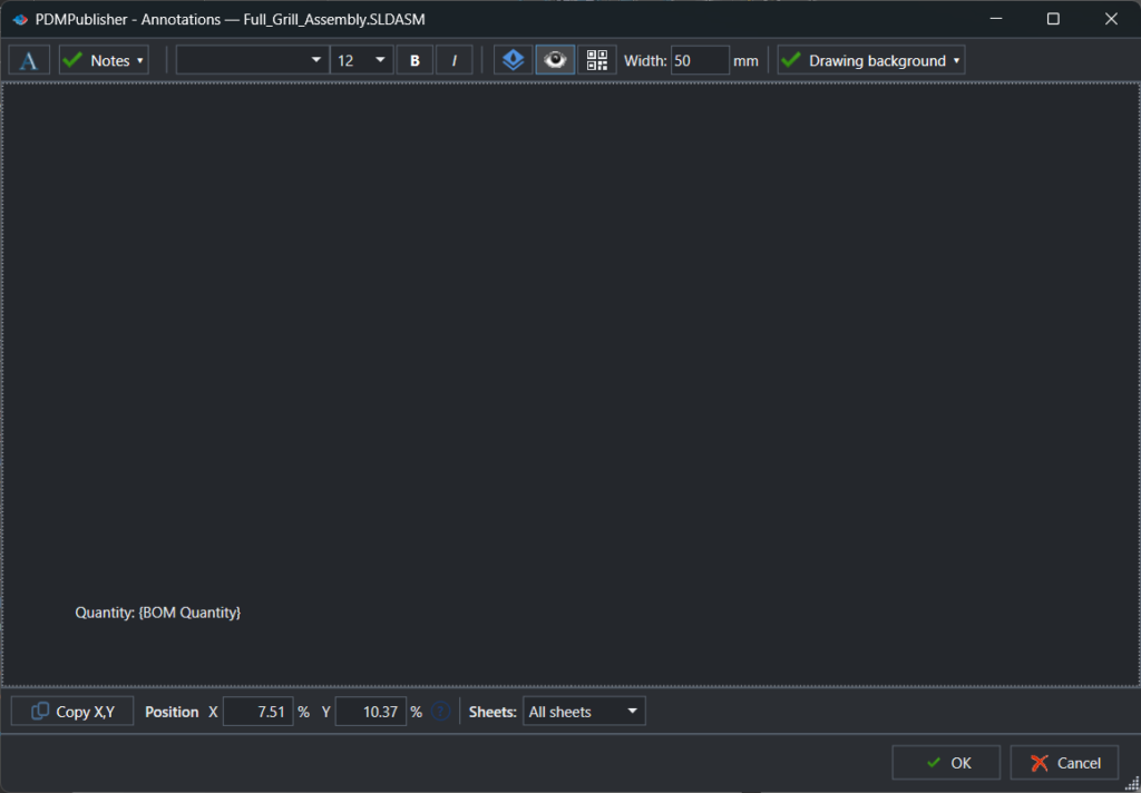 Annotations editor placing a BOM quantity note on a drawing sheet with position, font and QR code options