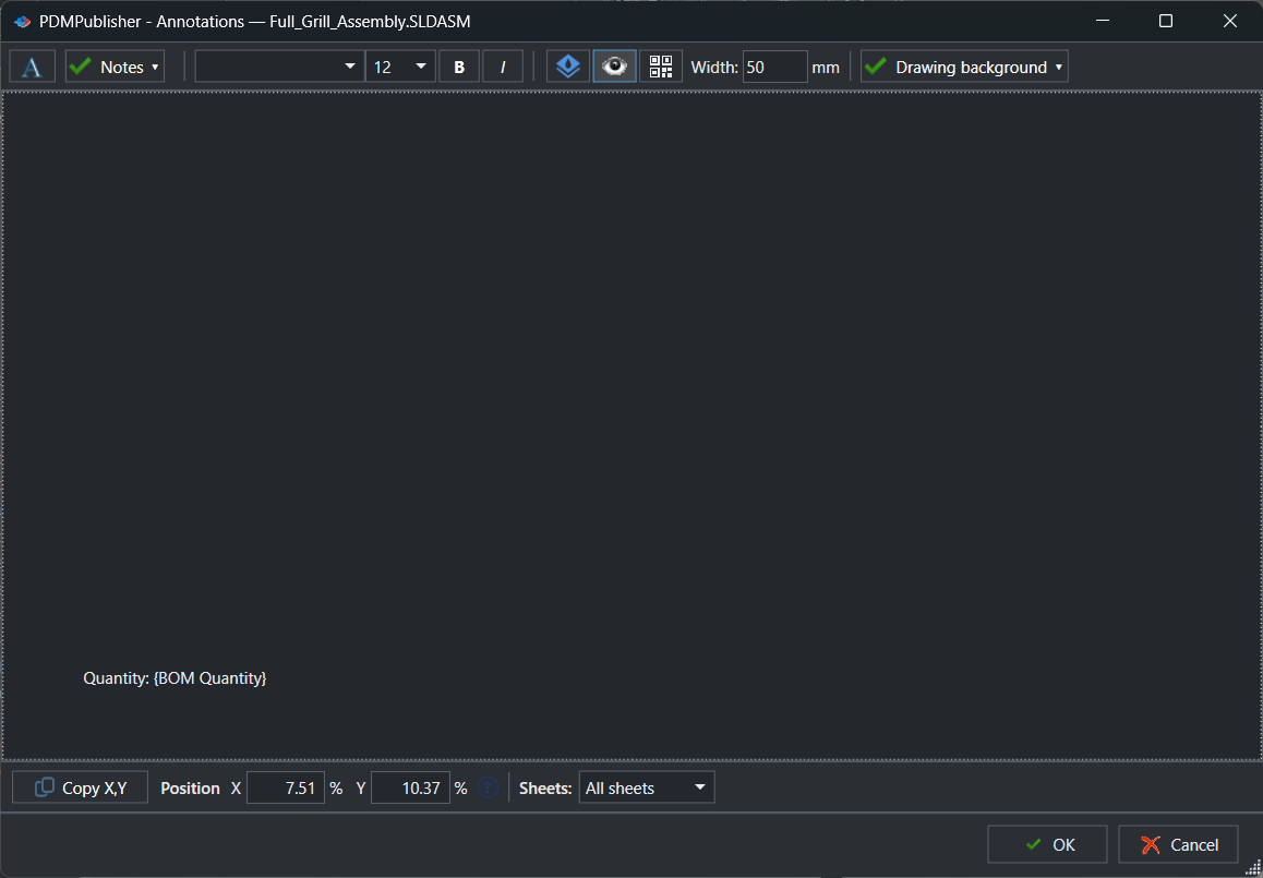 PDMPublisher Annotations editor showing an annotation box on the drawing preview with a BOM quantity note, the font and size selectors, Bold and Italic, watermark and QR code buttons, and Position X and Y fields